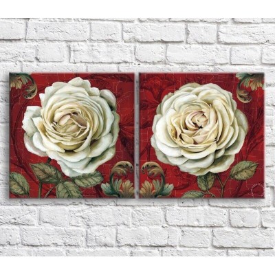 Pictură ArtPoster White rose bud on a Red background with patterns, diptych (3467705)