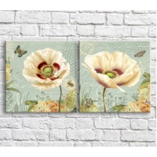 Pictură ArtPoster White/Red poppies and butterflies against a background of flowers and plants, diptych (3467662)