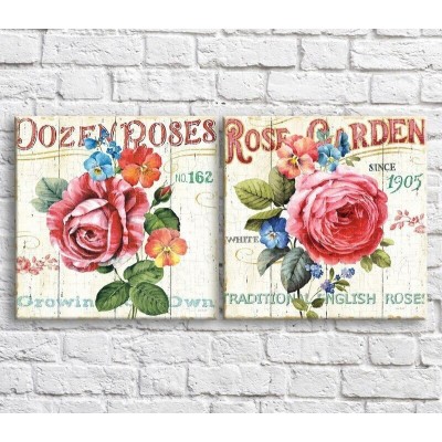 Pictură ArtPoster Red rose on a background of a White fence and text, vintage, diptych (3467725)