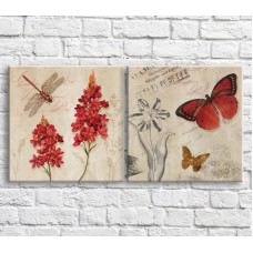 Pictură ArtPoster Red dragonfly and butterfly on a background of flowers and text, vintage, diptych (3467726)