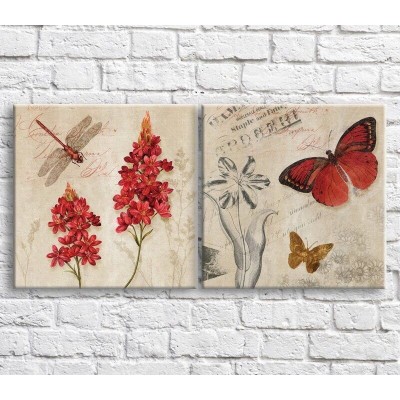 Pictură ArtPoster Red dragonfly and butterfly on a background of flowers and text, vintage, diptych (3467726)