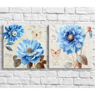 Pictură ArtPoster Blue flowers and butterflies in oil on a Beige background, vintage, diptych (3467711)