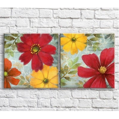 Pictură ArtPoster Yellow and Red flowers on a background of foliage, diptych (3467714)