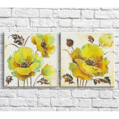 Pictură ArtPoster Yellow poppies in oil on a Beige background, diptych (3467715)