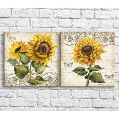 Pictură ArtPoster Yellow sunflowers and butterflies in oil on the background of text and patterns, diptych (3467716)