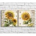 Pictură ArtPoster Yellow sunflowers and bees in oil on a background of text and patterns, diptych (3467717)