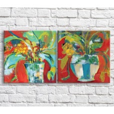 Pictură ArtPoster Vases with Multi/Colored flowers in oil, on a Red background, diptych (3467703)