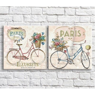 Pictură ArtPoster Bicycles and flowers on a Pink background, Paris, diptych (3467704)