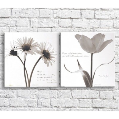 Pictură ArtPoster White tulip and daisies on a White background with text, diptych (3467706)