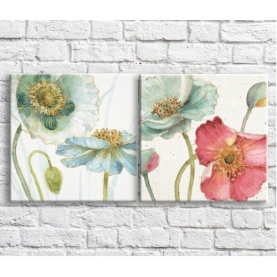 Pictură ArtPoster Blue and Pink poppies on a White background, diptych (3467709)