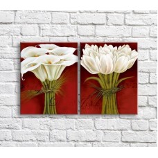 Pictură ArtPoster Bouquet of White calla lilies and tulips on a Red background with text, diptych (3467695)