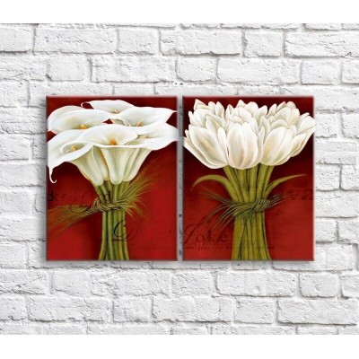 Pictură ArtPoster Bouquet of White calla lilies and tulips on a Red background with text, diptych (3467695)