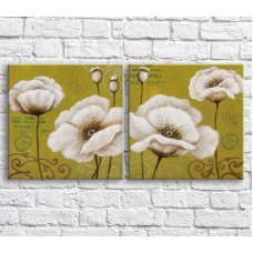 Pictură ArtPoster White poppies in oil on a background of text, vintage, diptych (3467688)