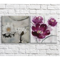 Pictură ArtPoster Burgundy poppies and White water lily in Black and White style, diptych (3467692)