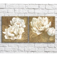 Pictură ArtPoster White peonies in oil on a Brown background with patterns, diptych (3467684)