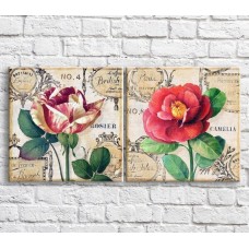 Pictură ArtPoster Burgundy/White rose and Red magnolia in vintage style, diptych (3467699)