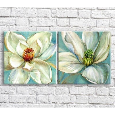 Картина ArtPoster Buds of White flowers in oil on a Blue background, diptych (3467701)