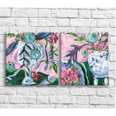 Pictură ArtPoster Vase with flowers on a Pink background, still life, diptych (3467702)