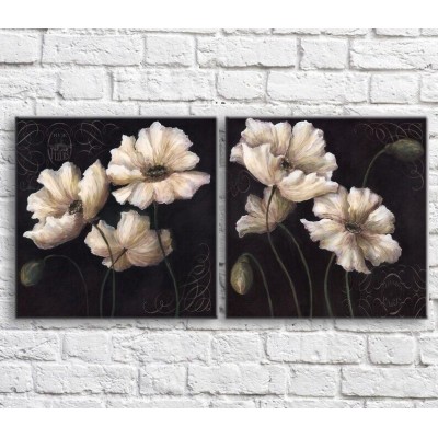 Pictură ArtPoster White poppies on a Black background, oil, diptych (3467679)