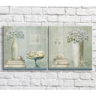 Pictură ArtPoster White flowers in a vase and shells, still life, diptych (3467683)