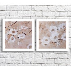 Pictură ArtPoster White flowers and leaves in oil on a Beige background, diptych (3467685)