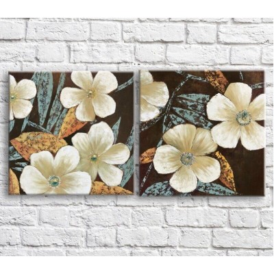 Pictură ArtPoster White flowers and leaves on a Black background, diptych (3467686)