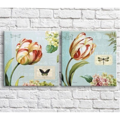 Pictură ArtPoster White/Pink tulips and butterflies on a Blue background, diptych (3467671)