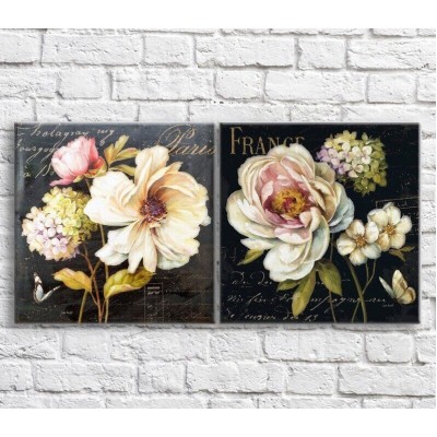 Pictură Magic Color White peonies and butterflies on a Black background with text, diptych (3467677)