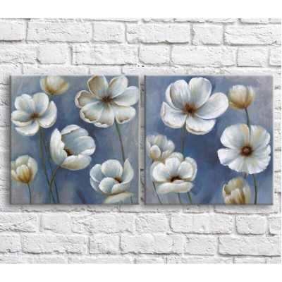 Pictură Magic Color White poppies in oil on a Dark/Blue background, diptych (3467669)