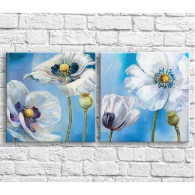 Картина Magic Color White poppies in oil on a Blue background, diptych (3467670)