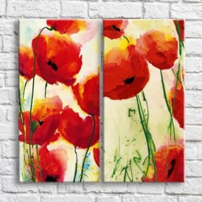 Pictură Magic Color Red/Yellow poppies on a White background, oil, diptych (3467633)