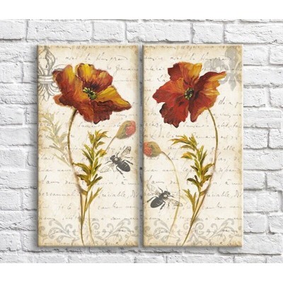 Картина Magic Color Dark/Orange poppies and bees on the background of the text, vintage, diptych (3467634)