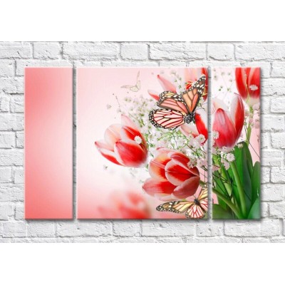 Pictură Magic Color Bouquet of colorful Red tulips and butterflies (500127)