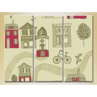 Pictură Magic Color Triptych Texture Houses and bicycles Burgundy (2229732)