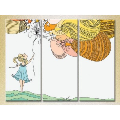 Pictură Magic Color Triptych Girl with Balloons (2229609)