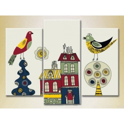 Pictură Magic Color Triptych Birds and Houses (2229646)