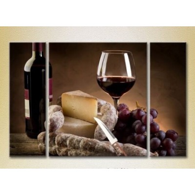 Pictură Magic Color Triptych Wine, cheese and grapes (2698639)