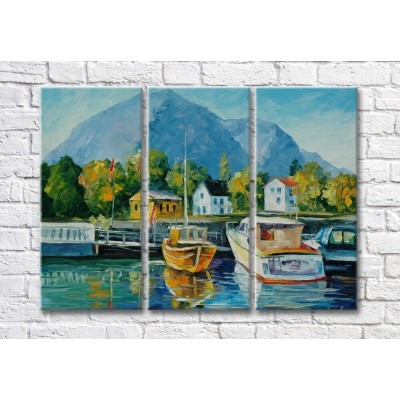 Pictură Magic Color City pier with boats in the background of mountains (35110175)