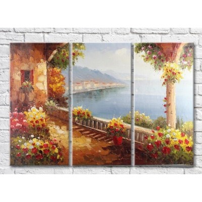 Pictură Rainbow House and flowers on the terrace by the sea (3485176)