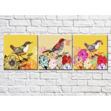 Картина Rainbow Bright triptych with colorful flowers and birds (500846)