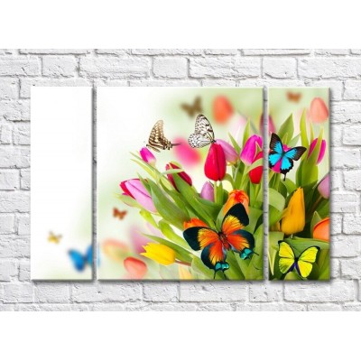 Pictură Rainbow Bright Multicolored bouquet of tulips with butterflies (500845)