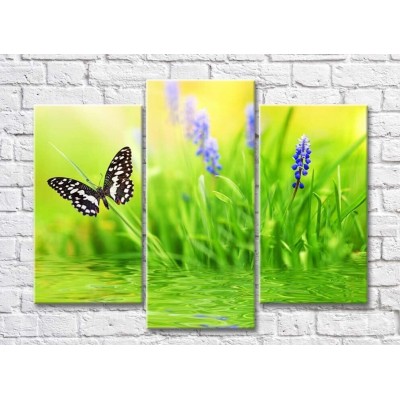 Pictură Rainbow Black butterfly above water on a Green background with flowers (500833)