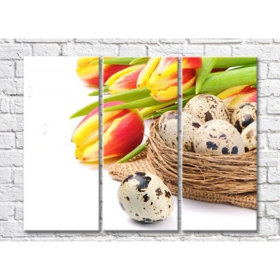 Pictură Rainbow Basket with quail eggs and a bouquet of tulips (500333)