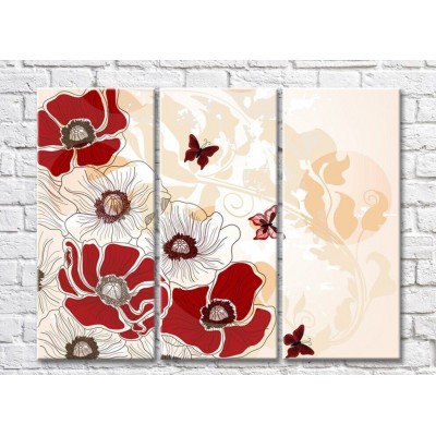 Картина Rainbow Red and white poppies with butterflies on a beige background (500342)