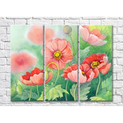 Картина Rainbow Large flowers of poppies on a green background watercolor (500387)