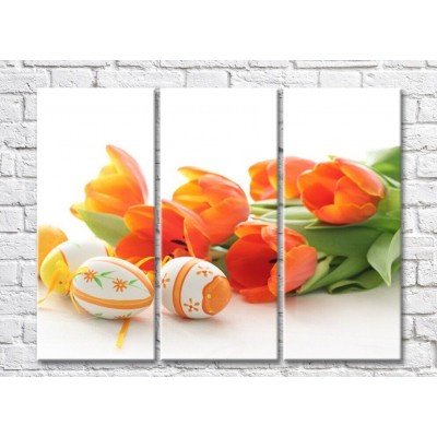 Pictură Rainbow Orange tulips and Easter decorative eggs (500494)