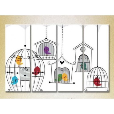 Pictură Rainbow Polyptych Birds in cages (2230571)