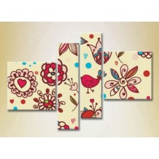 Pictură Rainbow Polyptych Texture burgundy flowers and birds 02 (2230636)