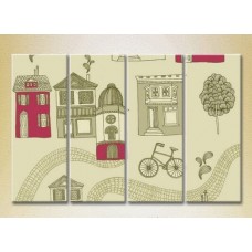 Pictură Rainbow Polyptych Texture Houses and bicycles burgundy 01 (2230630)