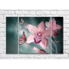 Pictură Gallerix Pink orchid flowers and butterflies on an emerald background (500773)